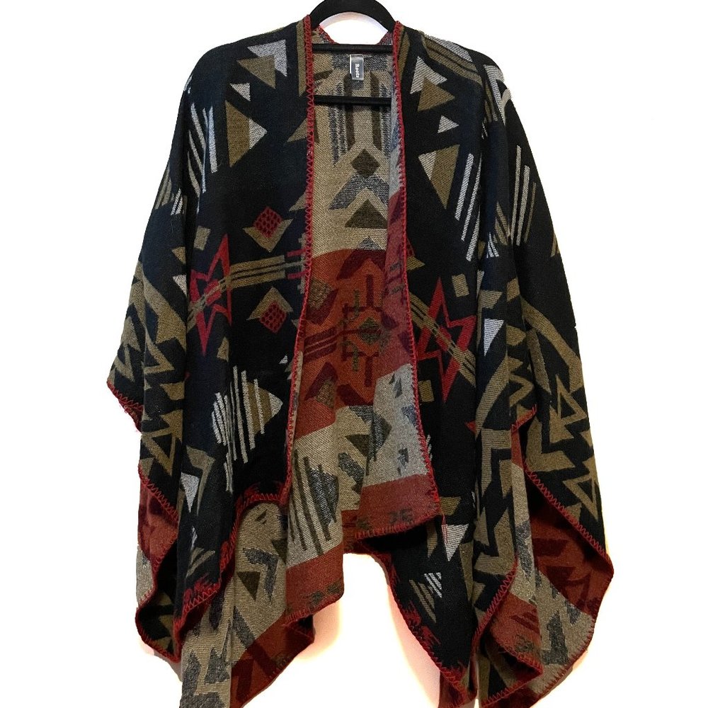 Boho Aztec Open Front Poncho - Black & Rust